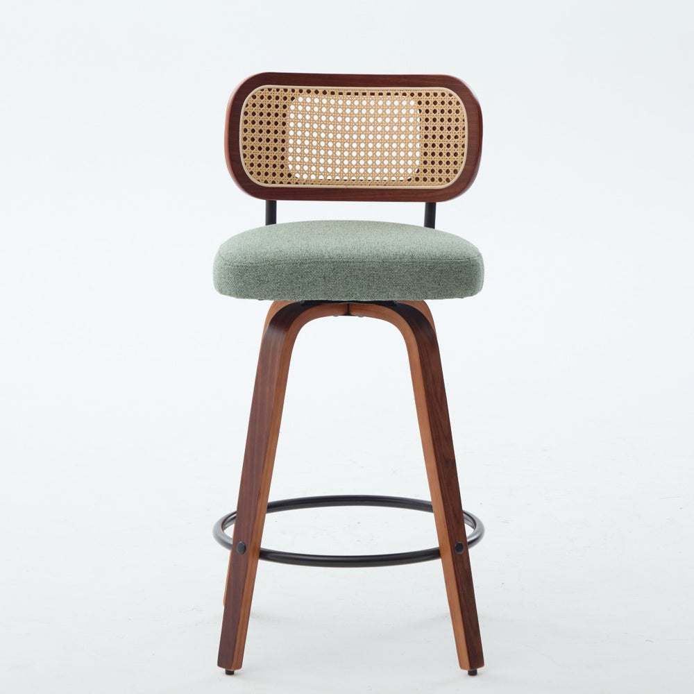 English Elm Set of 2 Swivel Counter Stools Walnut Frame Rattan Back Linen Seat Kitchen Island Light Green W1143P392164