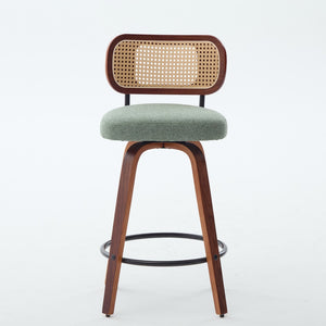 English Elm Set of 2 Swivel Counter Stools Walnut Frame Rattan Back Linen Seat Kitchen Island Light Green W1143P392172