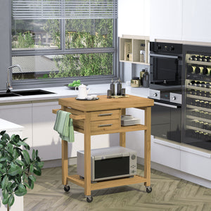 English Elm HOMCOM Bamboo Kitchen Island Cart with Locking Casters, 2 Drawers, Open Shelves & Side Towel Rack, Natural Finish W2225P217396