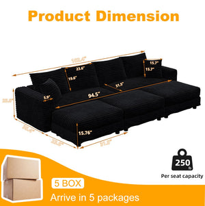 English Elm 102.4 Inch Plush Corduroy Cloud Sofa Deep Seat Four Person Convertible Lounge for Living Room Black W1885S00287