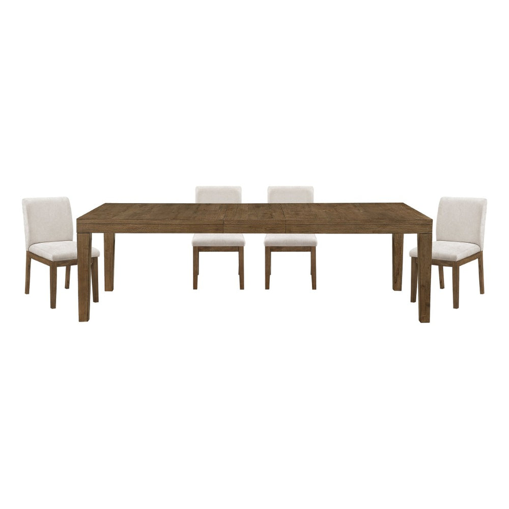English Elm Brown French Oak Veneer Extendable Dining Set with Upholstered Chairs for Five B011S02333