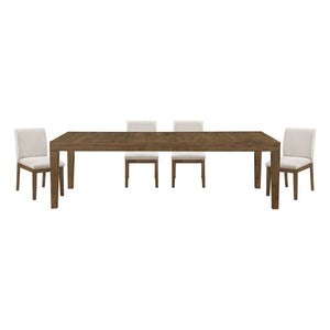 English Elm Brown French Oak Veneer Extendable Dining Set with Upholstered Chairs for Five B011S02333