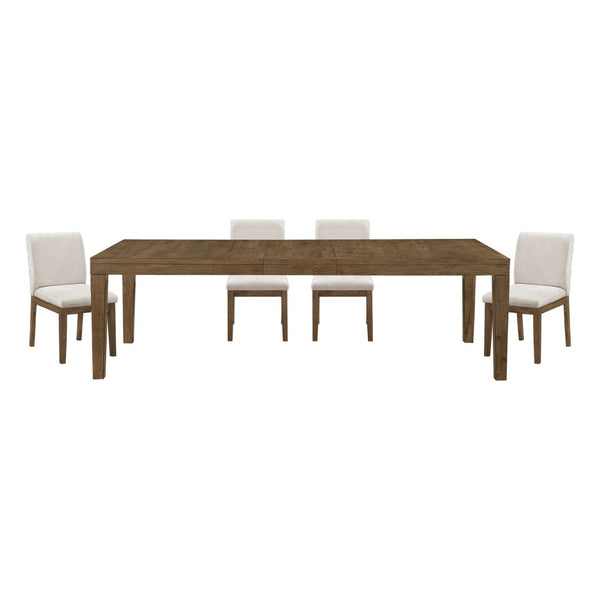 English Elm Brown French Oak Veneer Extendable Dining Set with Upholstered Chairs for Five B011S02333