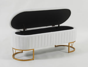 English Elm Oval Velvet Storage Bench with Metal Legs — Luxurious Upholstered Ottoman with Lift-Top Storage, 300lb Capacity, Modern Decorative Seating Ivory T3903P372929