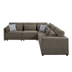 English Elm Rylie Brown Linen 5-Piece Modular Sectional Sofa with Toss Pillows, Pocket Coil Seats, Modern Comfort B2726S00423