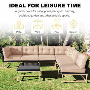 English Elm 7-piece Outdoor Modular Sectional with Rust-resistant Frame and Tempered Glass Table T5880S00014