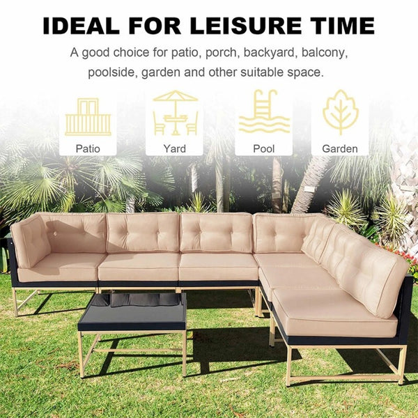 English Elm 7-piece Outdoor Modular Sectional with Rust-resistant Frame and Tempered Glass Table T5880S00014