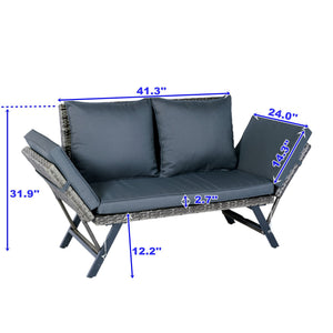 English Elm 1 PCS Patio Wicker Bench Foldable Side Armrest Grey Wicker Dark Grey Cushion Weatherproof Seat W329P285874