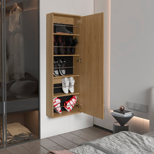 English Elm Leto 54" Wall-Mounted Shoe Cabinet with Mirror — Space-Saving Single Door Holds 10 Pairs Oak Finish B070P316857