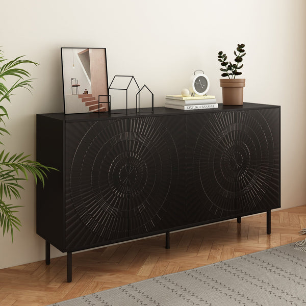 English Elm Modern Black Wood Sideboard Buffet Cabinet with Sunburst Doors, Adjustable Shelves, Entryway Accent Storage W2263P207530