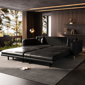 English Elm 92.1"King 3-in-1 Convertible Sleeper Sofa Bed with Tufted Faux Leather, Ultra-Wide Arms, 4-Seater Couch Black W1885S00208