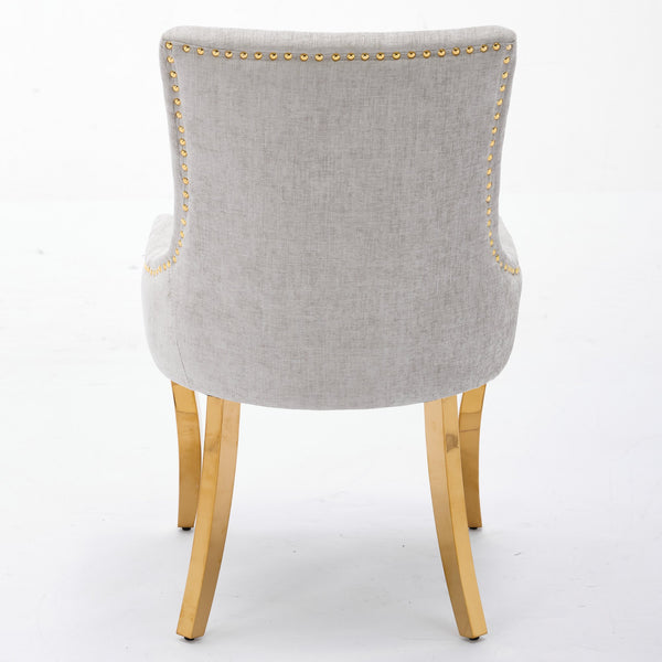 English Elm Chenille Plush Dining Chair with Curved Gold-Plated Legs, Rivet Trim, Textured Upholstery Comfort Beige W1143P332684