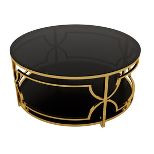 English Elm Round Tempered Glass Coffee Table with Gold Geometric Metal Base and Open Storage Shelf Black N735P396530B