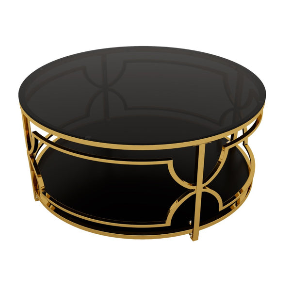 English Elm Round Tempered Glass Coffee Table with Gold Geometric Metal Base and Open Storage Shelf Black N735P396530B