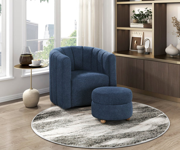 English Elm Modern Swivel Chair with Ottoman in Bouclé Fabric, Solid Wood Frame, Cozy Curved Design for Living Rooms Blue 32 L x 31 W x 31.25 H B011P281845