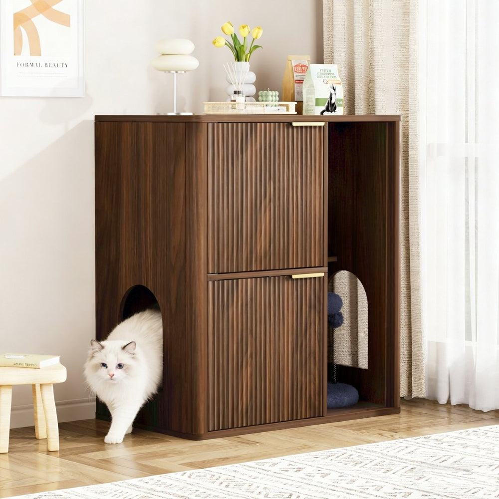 English Elm 31.5-inch Grooved Wood Cat Litter Cabinet with Integrated Tree Mid-century Pet Furniture Walnut W1162P407684