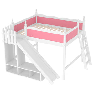 English Elm Full Loft Bed With Detachable Slide, Storage Shelves, And Cabinet In Pink & White – Fun & Functional! W1580S00245