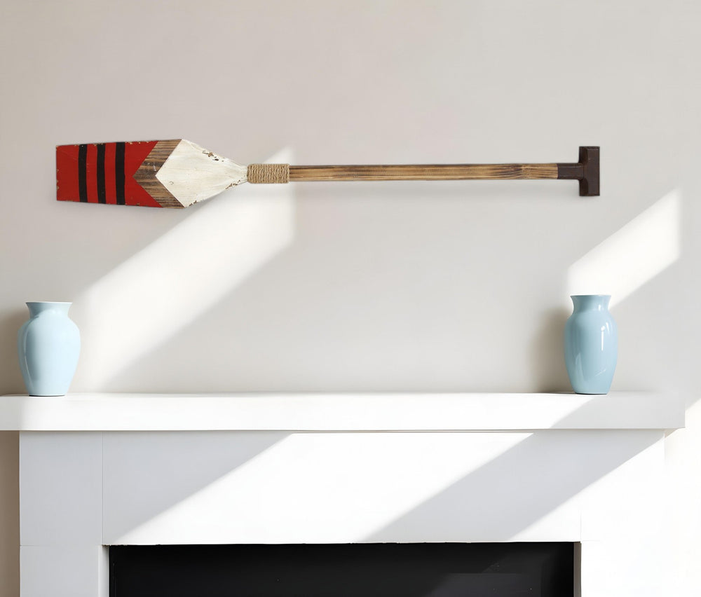 Homeroots 42" Natural And Red Distressed Coastal Wood Oar Wall Decor   321136