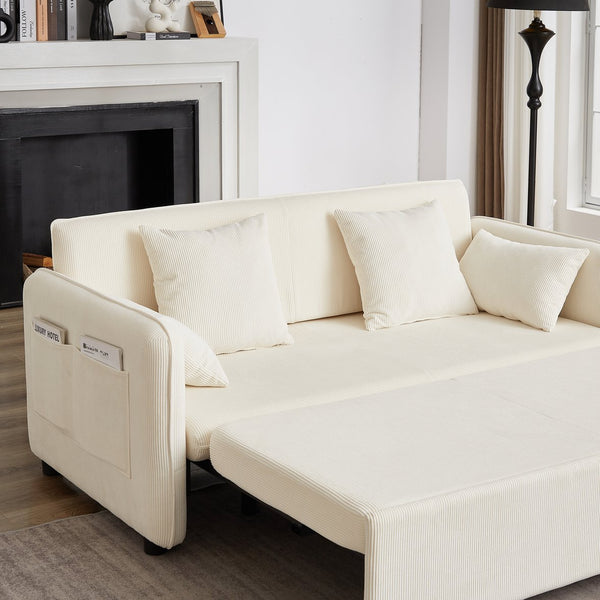 English Elm FX'' 66 Inch Sleeper Sofa Bed 3-in-1 Convertible Pullout Sofa with Plush Corduroy, 4 Pillows, Pockets Beige W1926S00058