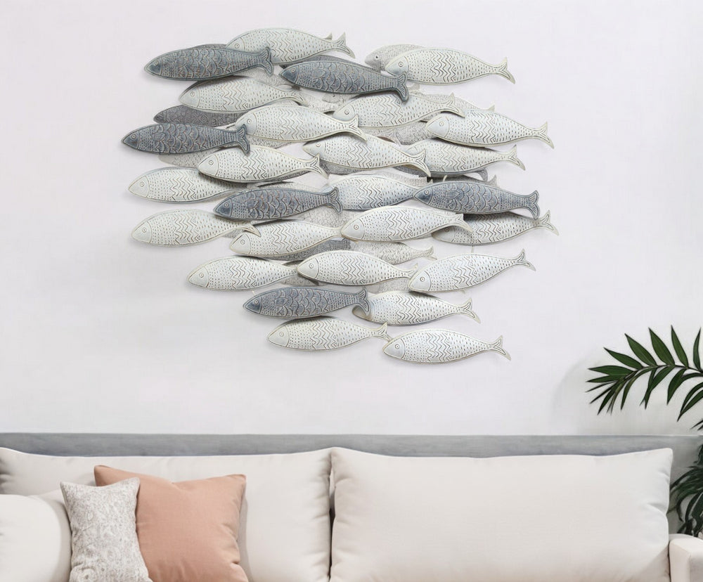 Homeroots 37" Gray And Antiqued White Metal School Of Fish Wall Art - Coastal Decor For Home Elegance  Metal 321147