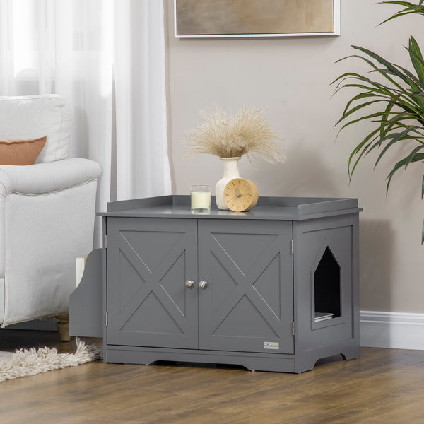 English Elm PawHut Farmhouse Hidden Cat Litter Box End Table with Magnetic Doors, Wide Storage & Side Shelf Grey W2225P229313