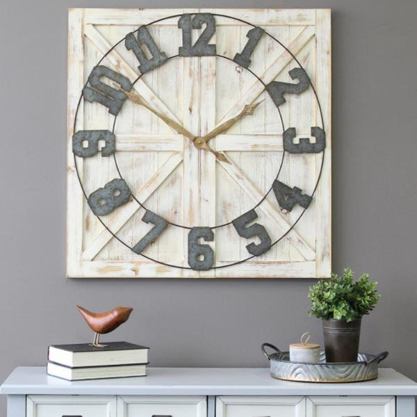 Homeroots Square Rustic Distressed Wood And Metal Wall Clock - Chic Farmhouse Decor With Galvanized Numbers   321222