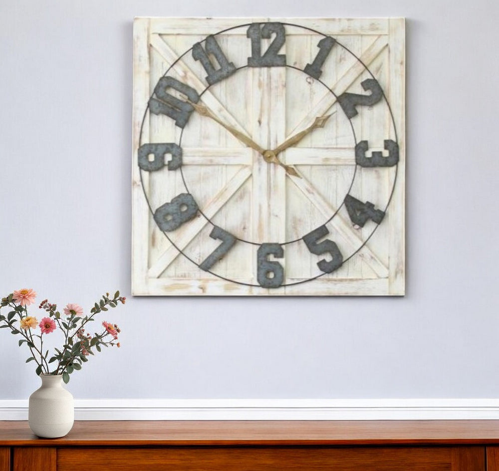 Homeroots Square Rustic Distressed Wood And Metal Wall Clock - Chic Farmhouse Decor With Galvanized Numbers   321222