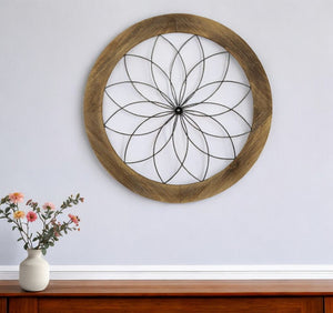 HomeRoots 26" Light Brown Wood and Metal Circle Flower Wall Sculpture - Rustic Modern Art for Home Décor 321244