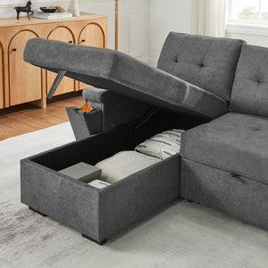 English Elm Toby Woven Fabric Sleeper Sectional with Storage Chaise Usb Ports and Coil Support Gray B061S00956