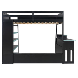 English Elm Full Size Wood Loft Bed with Rgb Lighting Desk and Multi-tier Shelves for Gaming Blue LT000374AAC