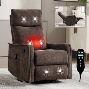 English Elm Heat Massage Rocker Swivel Recliner Fabric Chair with Lumbar Therapy for Living Room Brown W1803P362305