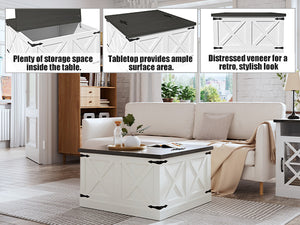 English Elm Farmhouse Square Coffee Table with Dual Lift Tops & Large Hidden Storage, Rustic White Farmhouse Charm T3609P332412