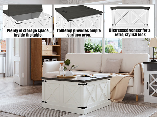 English Elm Farmhouse Square Coffee Table with Dual Lift Tops & Large Hidden Storage, Rustic White Farmhouse Charm T3609P332412