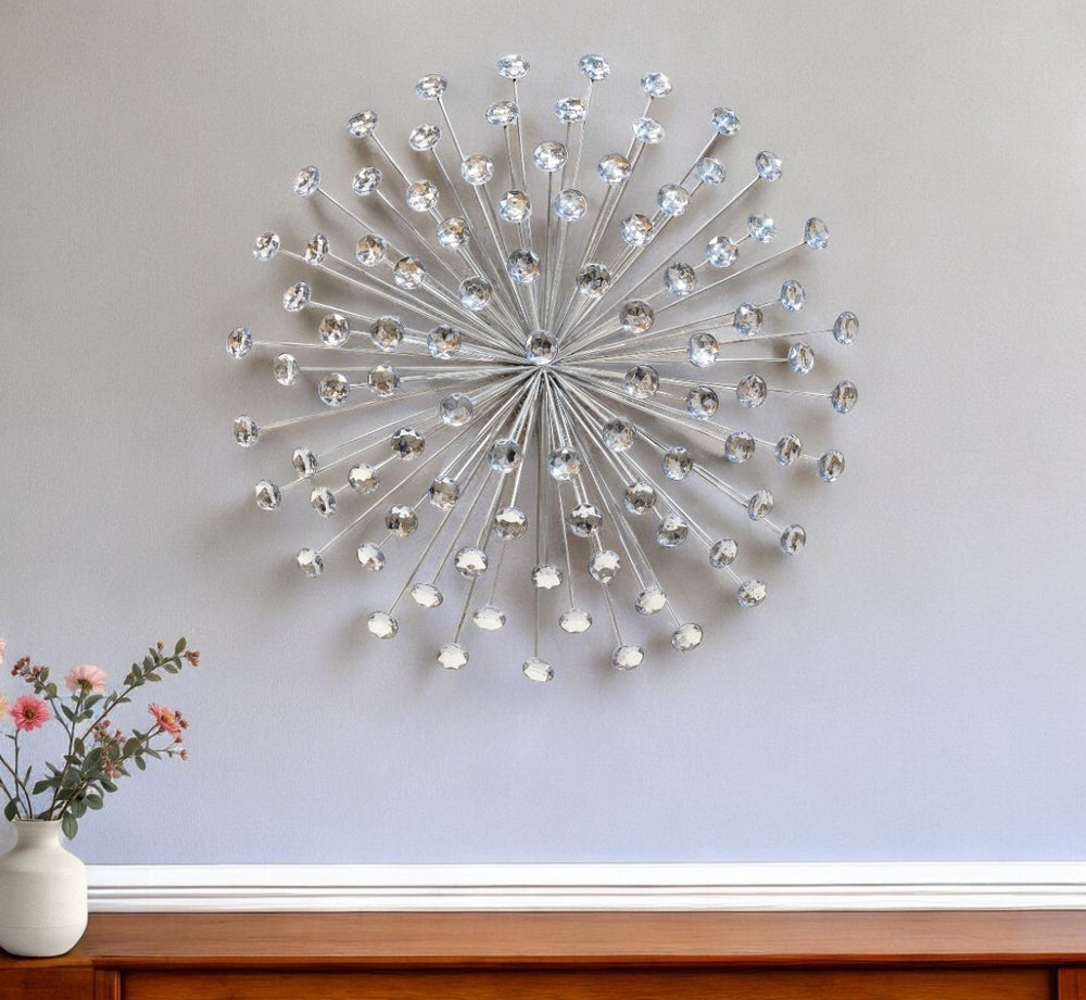 HomeRoots 24" Silver Faux Crystal Wall Sculpture - Modern Glam Geometric Décor for Stunning Home Elegance 321379