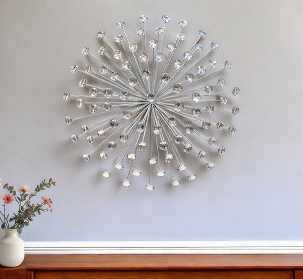 HomeRoots 24" Silver Faux Crystal Wall Sculpture - Modern Glam Geometric Décor for Stunning Home Elegance 321379
