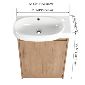 English Elm 23" Freestanding Bathroom Vanity with Ceramic Vessel Sink, Soft-Close Doors, Adjustable Shelf Storage Imitative Oak W999P206106