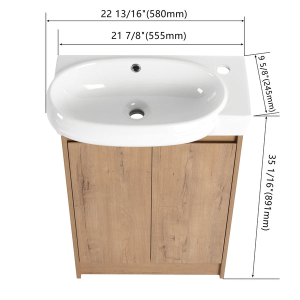 English Elm 23" Freestanding Bathroom Vanity with Ceramic Vessel Sink, Soft-Close Doors, Adjustable Shelf Storage Imitative Oak W999P206106