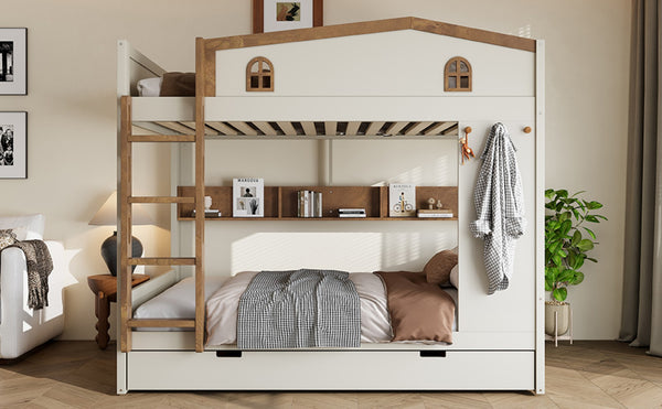 English Elm Twin Xl Solid Pine Loft Bed with Built-in Led Lighting and Storage Shelves W1580S00392