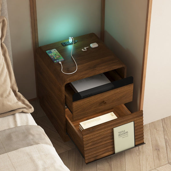 English Elm Nightstand Smart Bedside Cabinet with Led Strip Charging Station and Voice Night Light Wood W1321P413949