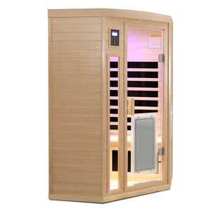 English Elm Low Emf Two Person Far Infrared Corner Sauna in Hemlock Wood with Glass Door Panel W632S00027