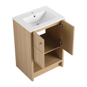 English Elm 24" Freestanding Bathroom Vanity with Ceramic Sink, Oak Finish, 2 Soft-Closing Doors, Open Shelf Storage W1972S00023