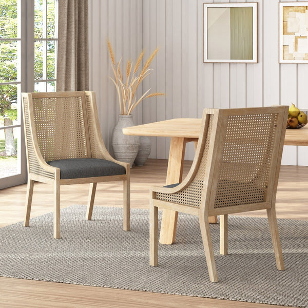 English Elm Dining Chair Set of 2 Rubberwood Cane Webbing Back Upholstered Farmhouse Style Charcoal N771P388970C