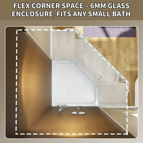 English Elm Corner Frameless Neo-angle Pivot Shower Enclosure with Tempered Glass and Sleek Hardware Chrome W637P348803