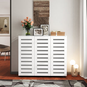 English Elm Shoe Cabinet 4-Tier Adjustable Shelves Louvered Door Shoe Rack Organizer for Entryway Hallway White W331P242459