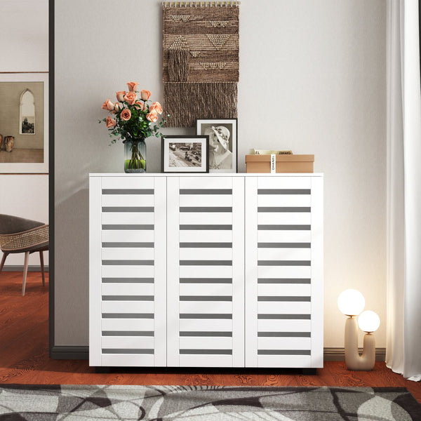 English Elm Shoe Cabinet 4-Tier Adjustable Shelves Louvered Door Shoe Rack Organizer for Entryway Hallway White W331P242459