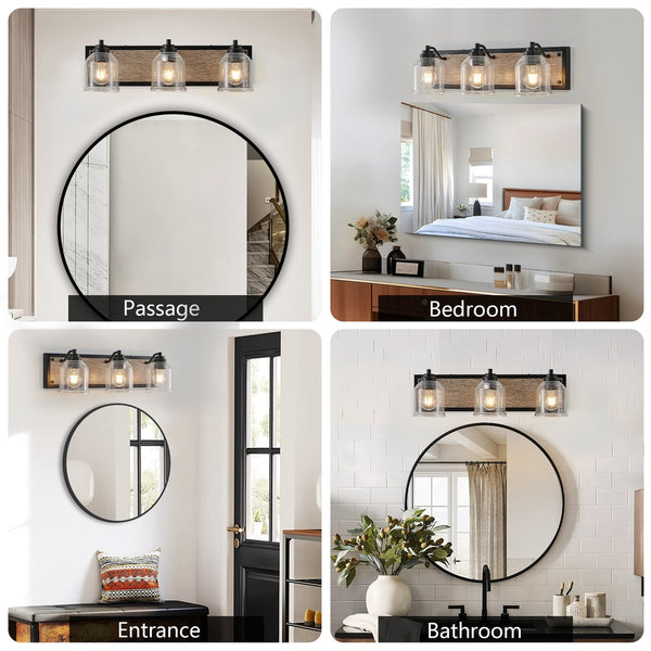 English Elm 23" Farmhouse Vanity Light Fixture – 3-Light Industrial Wall Sconce with Clear Seeded Glass, Black Woodgrain Finish W2312P374826