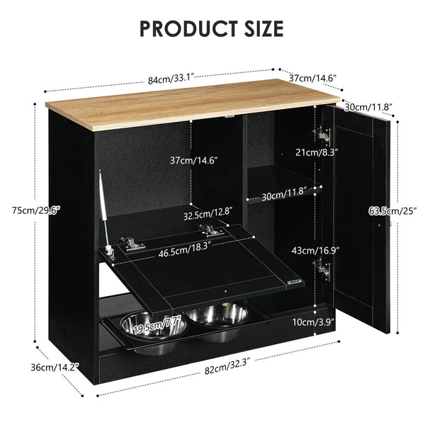 English Elm Feeding Station Cabinet with Rattan Door Elevated Bowls and Hooks for Tidy Pet Care W1687P246775