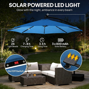 English Elm Garden Cantilever Patio Umbrella with Solar Led Lights and Upf30 Polyester Canopy Lake Blue T3971P481988