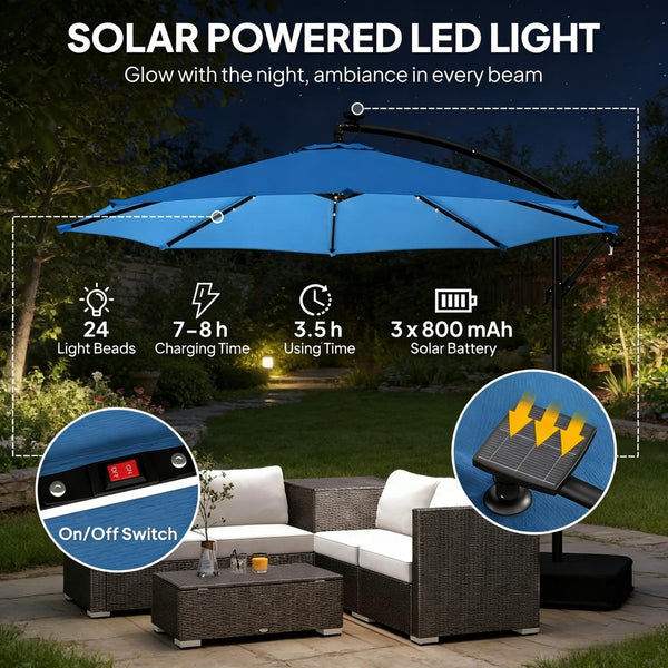 English Elm Garden Cantilever Patio Umbrella with Solar Led Lights and Upf30 Polyester Canopy Lake Blue T3971P481988