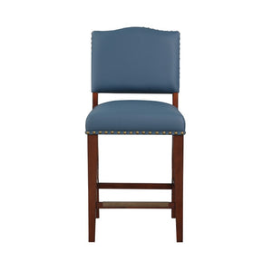Comfort Pointe Denver Stationary Faux Leather Blue Counter Stool with Nail Heads Blue Faux Leather / Warm Espresso Base